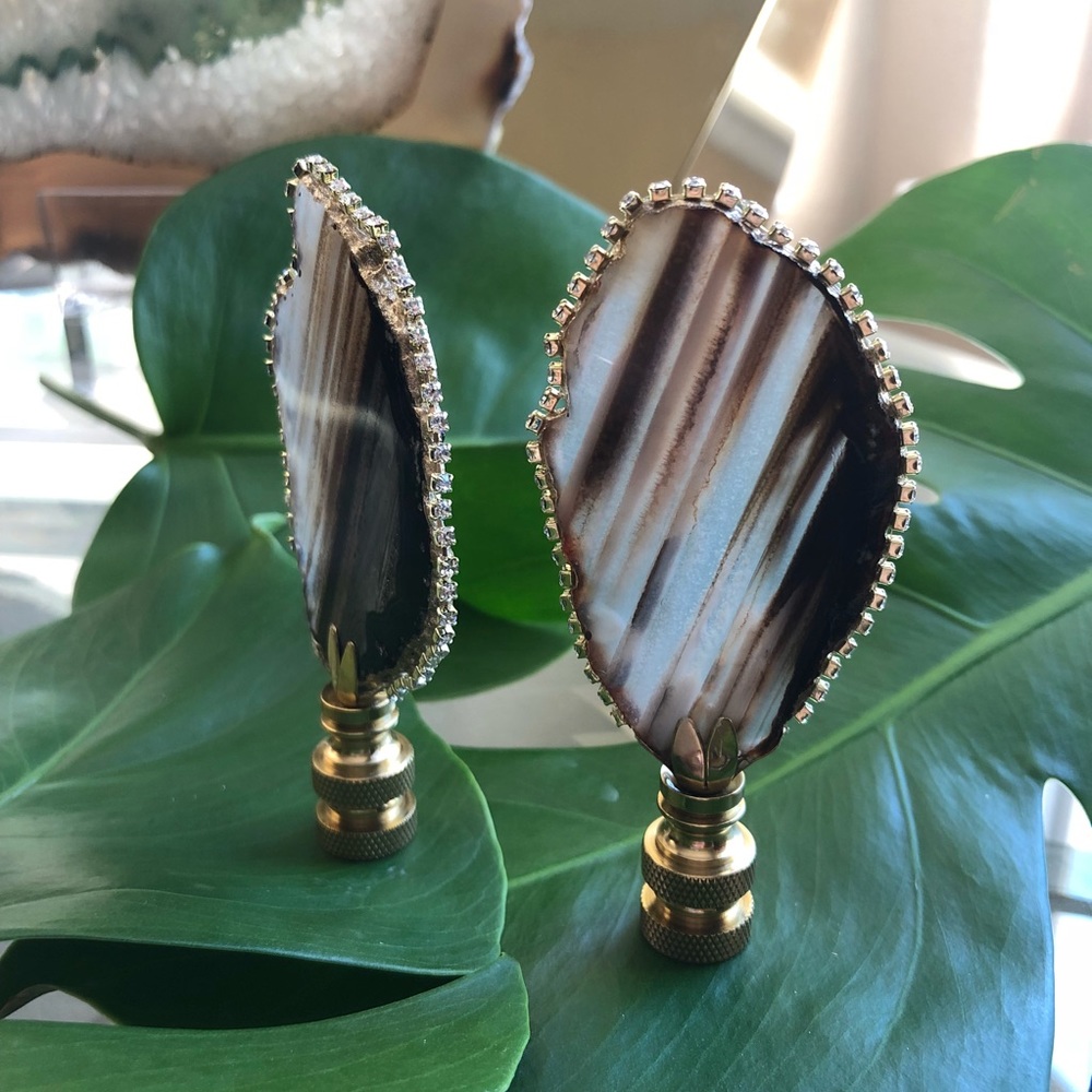 2 Rhinestone Gold Trim Brown Agate Lamp Finials - Picture 2 of 6